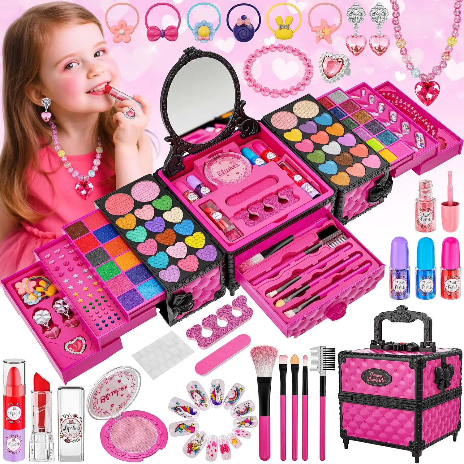 Summer Spring Gift 99 Pcs Kids Makeup Kit for Girls, Princess Toys Real Washable Cosmetics Set with Mirror,Rings, Necklace, Perfect for 3 4 5 6 7 8 Year Old Girls Birthday