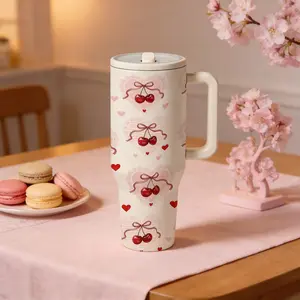 1 Pc 40 oz Stainless Steel Tumbler with Handle, Insulated Flask, Cherry Heart Lace Bow Print Vacuum Insulated Travel Cup with Lid, Keep Hot 12H/Ice Drinks 24H, Large Capacity Reusable Cup for Car, Office, Home, Daily Use, Unique Gift for Women