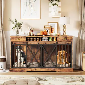 Dog Crate Furniture with Removable Divider, 3‑in‑1 Wooden Dog Kennel Furniture for 2 Dogs with Sliding Barn Door, Storage Drawer & Heavy Duty Metal Mesh – 500 lbs Dog Crate Table