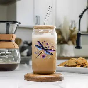 Dragonfly & Floral Pattern, 16oz Reusable Thickened Glass Cup with Straw & Lid, Drinking Cup for Home Office Use, Perfect Gift for Coffee Lovers, Drinkware