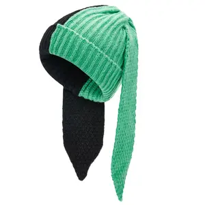 Cute Bunny Beanie Hats for Women Long Ears Bunny Knit Hat Warm Winter Rabbit Crochet Cap Contrast Slouchy Hat for Christmas Halloween Ski Outdoor