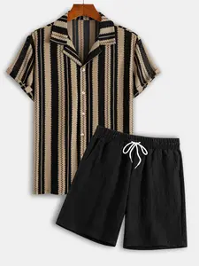 Men's Stretch Knit Jacquard Striped Short Sleeve Shirt & Linen Blend Shorts Set, 2 Piece Outfit Breathable Casual Summer for Beach Daily Vacation