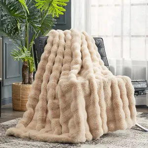 Faux Fur Throw Blanket for Couch, Fuzzy Soft Plush Thick Bubble Blanket for Sofa Bedroom Living Room, 50 * 60 Inches Beige