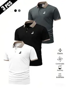 3-Pack Men's Summer Letter B Print Polo Shirts, Breathable Comfort, Business Golf Wear, Slim Fit, Multicolor, Gift Idea