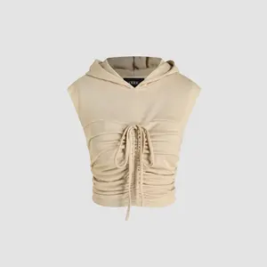 Cider [size 2-10] Solid Terry Round Neckline Drawstring Ruched Crop Hoodie