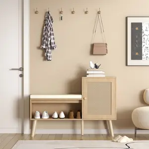 2-in-1 Shoe Storage Bench, PP Rattan Shoe Cabinet with 2 Adjustable Shelves and Removable Seat Cushion, Modern Entryway Bench, Shoe Storage Organizer, Shoe Rack for Hallway, Bedroom