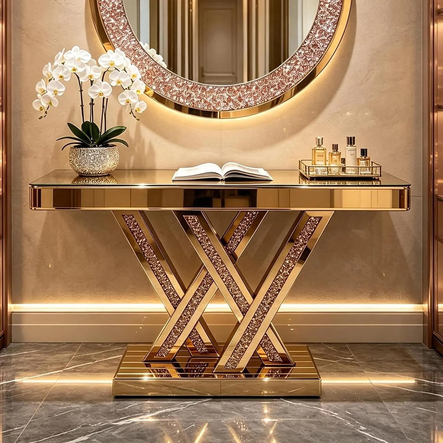 35.4" Mirrored Console Table with Crushed Diamond Inlay, W-Shaped Glass Hallway Entryway Accent Table, Brown Mirrored Finish