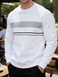 Men's Casual Colorblock Pullover Sweatshirt, Round Neck Fitted Design, Fall & Winter Warm Outdoor Sportswear, Moderate Fabric Thickness