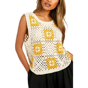 Womens Patchwork Hollow Out Checkered Crewneck Crochet Knit Tanks Tops Sleeveless Tanks Top Vest