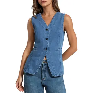 Womens Denim Vest Sleeveless Strechy Jean Vest Top Button Down Crewneck Casual Summer Western Waistcoat