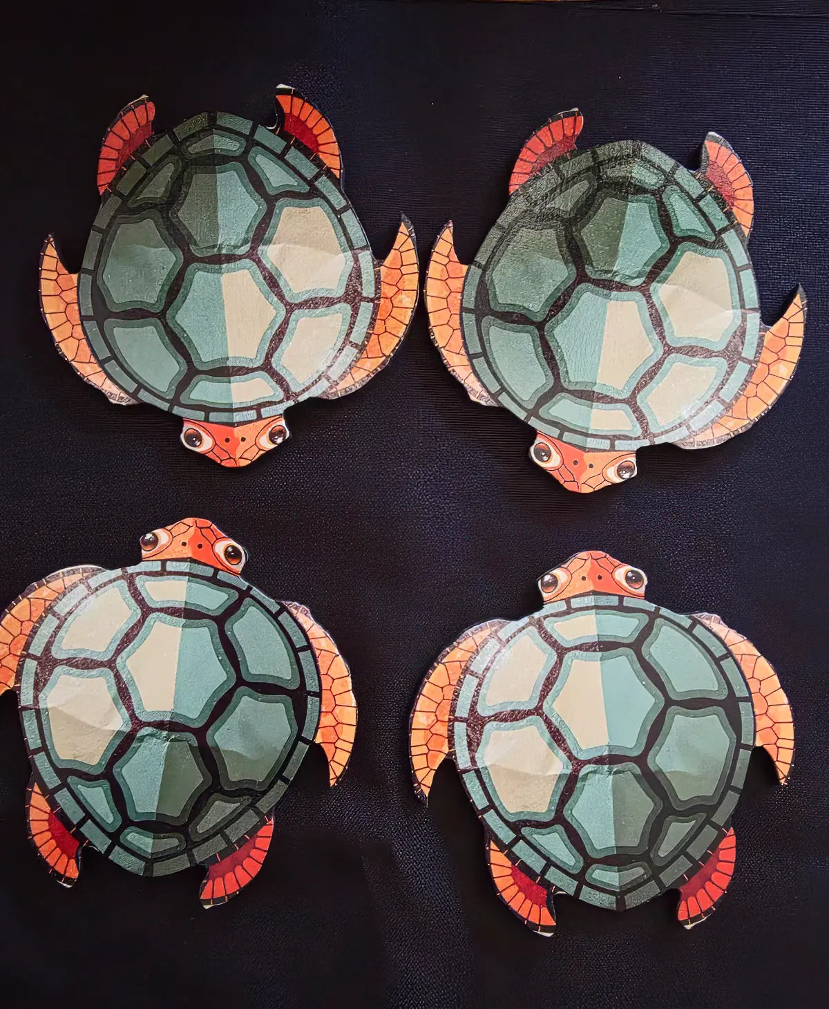 Handcrafted Die-Cut Wood Sea Turtle Coasters – Green & Orange Honu | Set of 4
