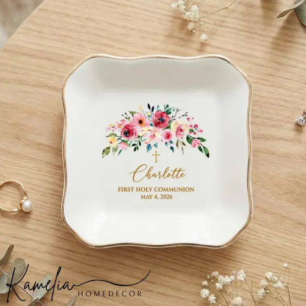 Personalized First Communion Jewelry Dish, Custom Name Date Trinket Tray, Christian Keepsake Gift For Girl, Baptism Confirmation Gift