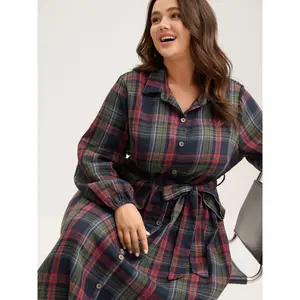 BLOOMCHIC Plus Size Checkered Dress with Button Details, Pockets, Belted Design, Curved Hem [M–6X], 2026 Summer Vibes