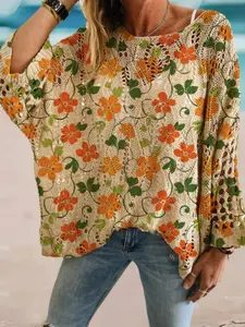 Elegant Floral Long Sleeve Knit Top, Casual Loose-Fitting Beach Cover-Up, Hollow Batwing Sleeves, All over Print, Women's Vacation Sweater, Beach Cover Ups