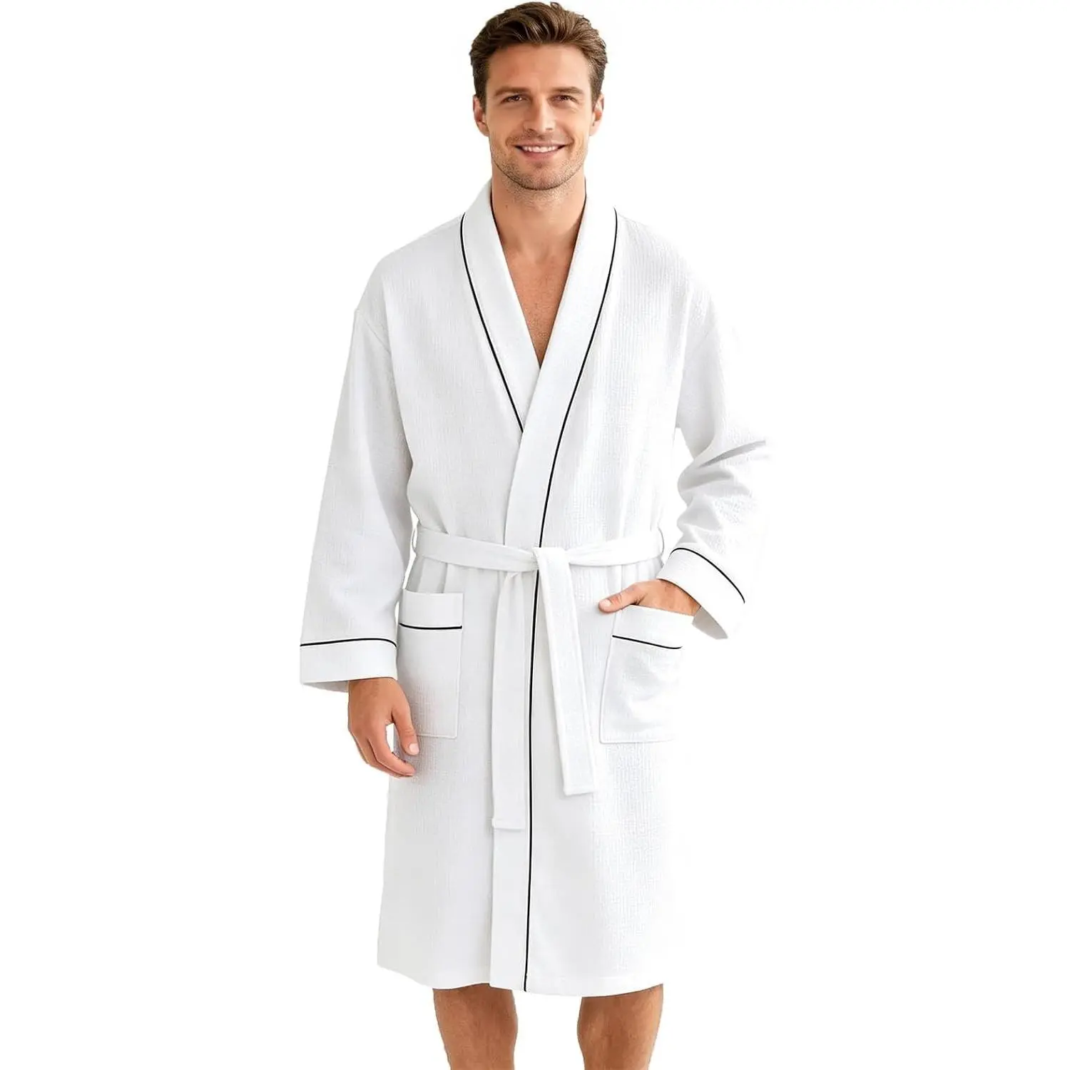 Men's Cotton Waffle Kimono Robe, Lightweight Soft Spa Shower Bathrobe, Hotel Lounge Robes for Men(Gift)