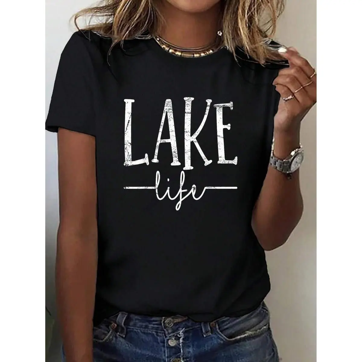 Women's Lake Life Graphic T-Shirt - Round Neck Short Sleeve With Lake & Wave Print, White Cursive Lettering - All-Season Casual Wear For Vacation, Birthday Gift For Lake Lovers - Breathable Comfortable Lakeside Outfits (Machine Washable)