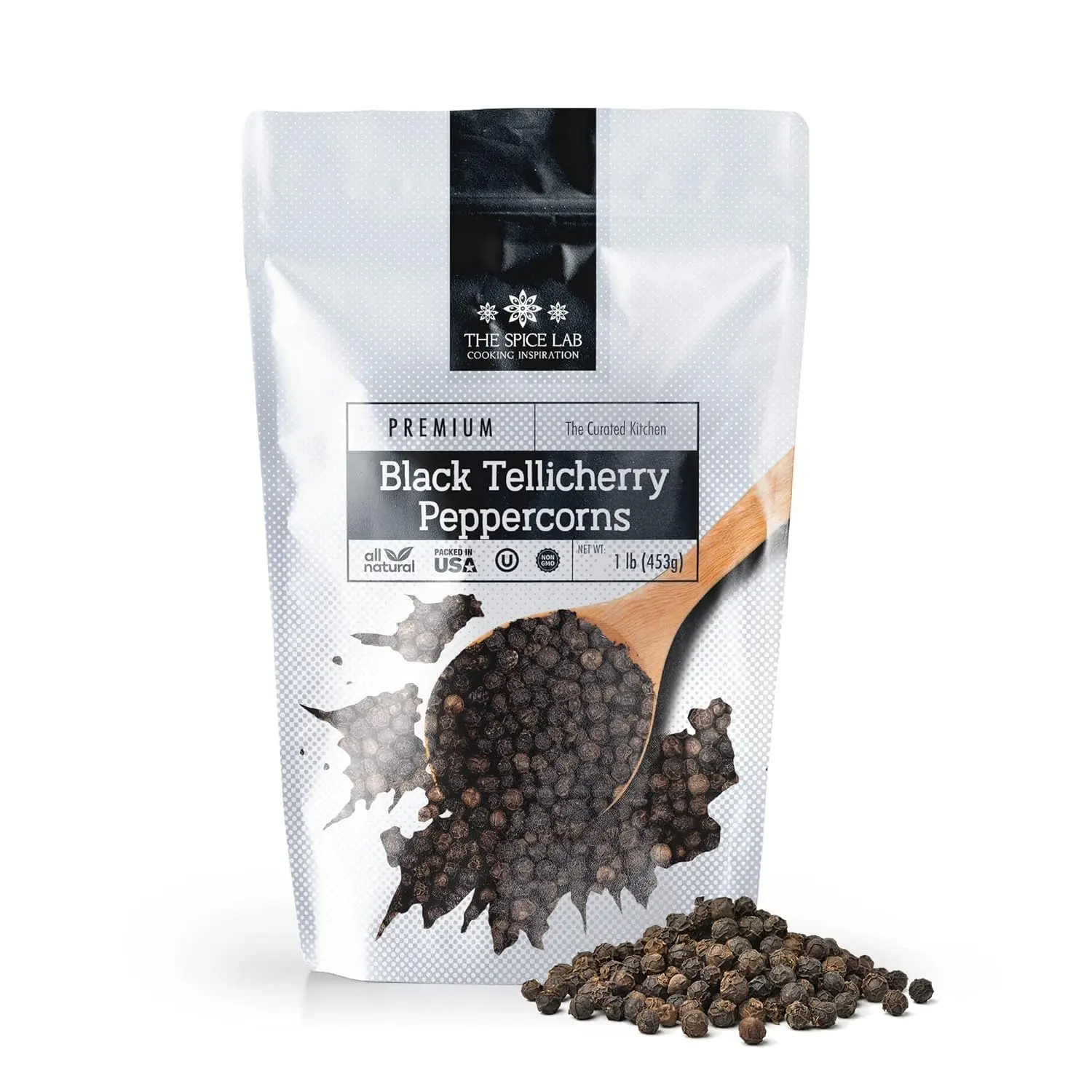 The Spice Lab Black Tellicherry Peppercorns for Grinder Packed in the USA - Steam Sterilized Kosher Non-GMO All Natural Black Pepper 5015 (1 lb Resealable Bag)