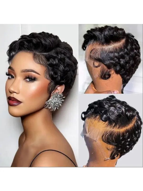 Curly Pixie Cut 13x4 Short Lace Front Wig Human Hair Wigs 13x4 HD Lace Frontal Wigs Short Layered Curly Wig Deep Wave Pixie Cut Human Hair Wigs for Black Women Natural Black anora