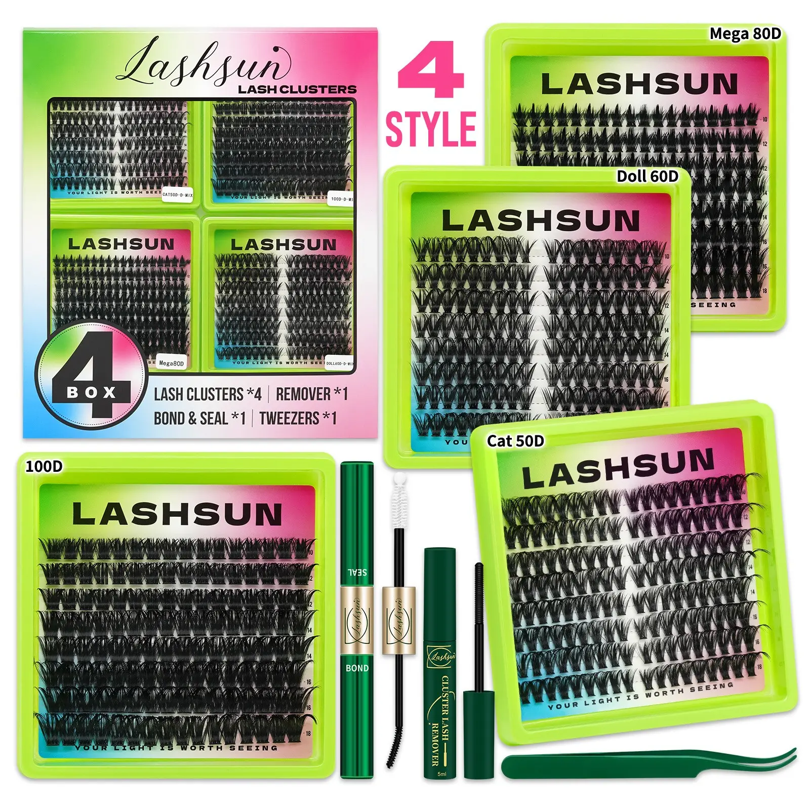 4 Styles Cat/Doll Lash Clusters Kit, Eyelash Extensions Set, Cosmetic, WaterProof Lashes, Beginner Friendly Lashes with Bond&Seal Remover Tweezers for Beginners, DIY at Home, Easy Apply Natural Look for Makeup Daily Life