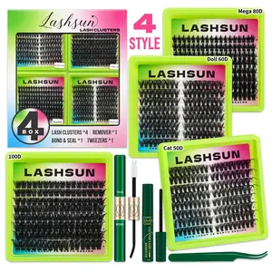 4 Styles Cat/Doll Lash Clusters Kit, Eyelash Extensions Set, Cosmetic, WaterProof Lashes Eyelash Clusters Extensions with Bond&Seal Remover Tweezers for Beginners, DIY at Home, Easy Apply Natural Look for Makeup Daily Life