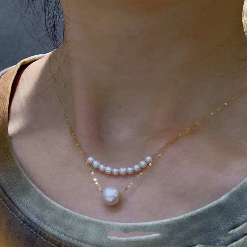 18K Solid Gold Natural Freshwater Pearl Smile Necklace with Certificate | Double Layer Fine Jewelry Gift for Her
