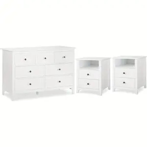 Kinder King Single Dressing Table and Two Bedside Cabinet Set - 3-Piece Modern Bedroom Set, White Wooden 7-Drawer Dressing Table and 2-Door Bedside Cabinet, Modern Bedroom Furniture Set (3 Pieces, White)