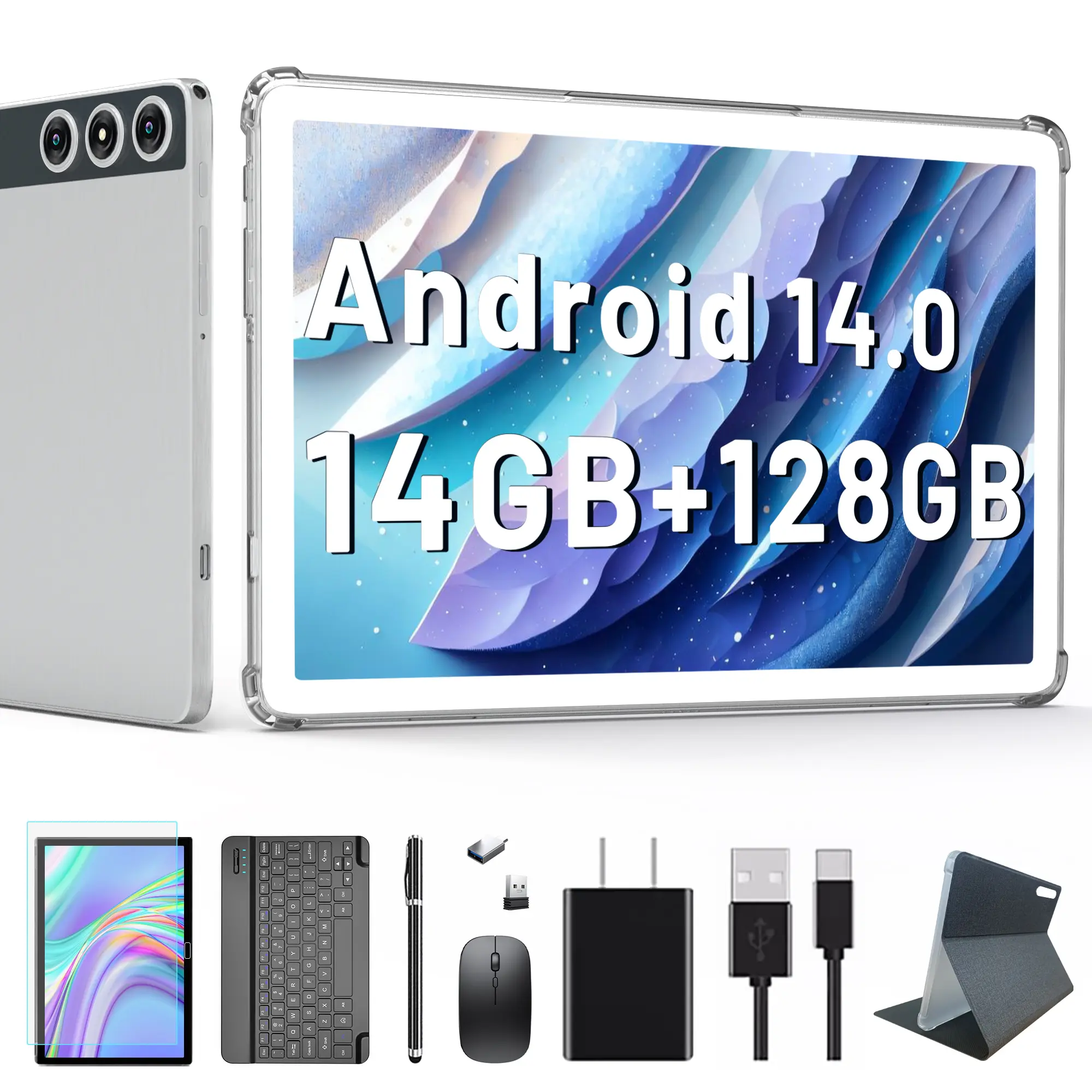 10.1 Inch 4G Dual Sim Android Tablet with FHD Incell Display, 14GB RAM 128GB ROM (1TB Expandable), 7000mAh, Octa-Core, 5G WiFi, BT 5.4, GPS, Gemini AI & Netflix Supported, Complete All-in-One Bundle with Keyboard, Mouse, Stylus & Case, 1 Year Warranty
