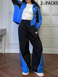 Unisex Vintage Sportswear Set with Letter Star Print, Casual Youth Campus Style High Neck Jacket, Outdoor Activities, Back-To-School, Holiday Gift