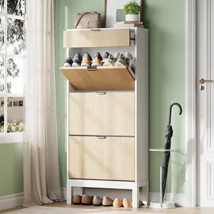 White Shoe Storage Cabinet-Three Flip-Top Drawers-Adjustable Shelves Accommodate Eighteen to Twenty-Four Pairs Space-Saving Narrow Design-for Entryway Hallway Front Door Decorative Organiser