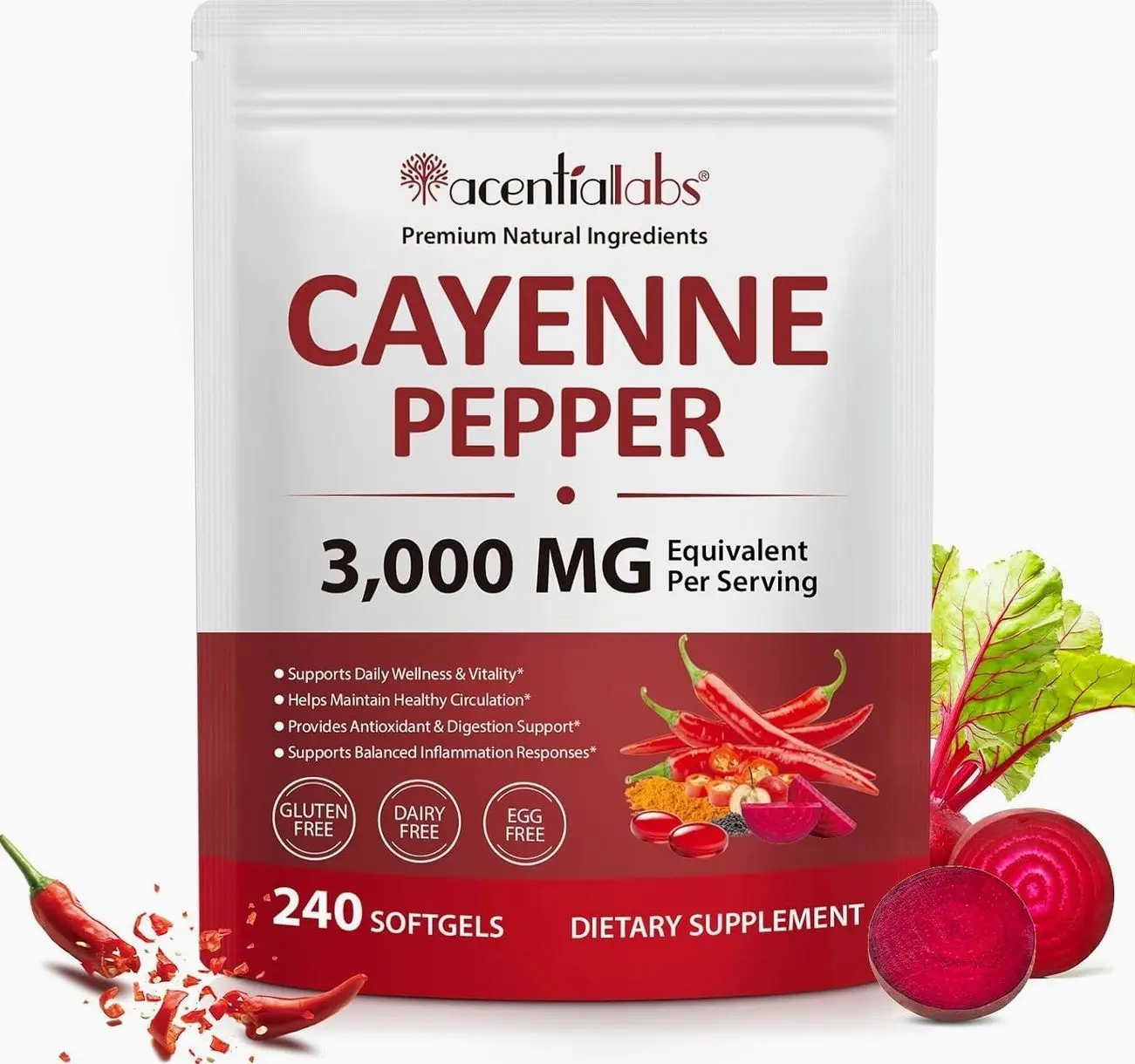 Cayenne Pepper Softgels Supplement with Beetroot, Hawthorn, Grape Seed, and Turmeric – Enriched with Vitamins D3 + K2 & E – Supports Circulation, Leg Vein, and Heart Wellness – 240 Softgels