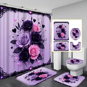 1pc/4pcs 2D Flat Valentine's Day Heart and Floral Pattern Multi-Color Background Shower Curtain, Modern and Personalized Home Bathroom Art Decoration, Shower Curtain Set with 12 Hooks, Bathroom Non-Slip Mat, Toilet Seat Cover, Holiday Decoration