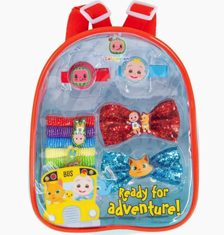 Cocomelon "Ready for Adventure!" Kids' Hair Accessories Set with Backpack, Including Hair Ties, Ribbons, Scrunchies – 7 Pieces, Hair Tie/Ribbon/Scrunchie