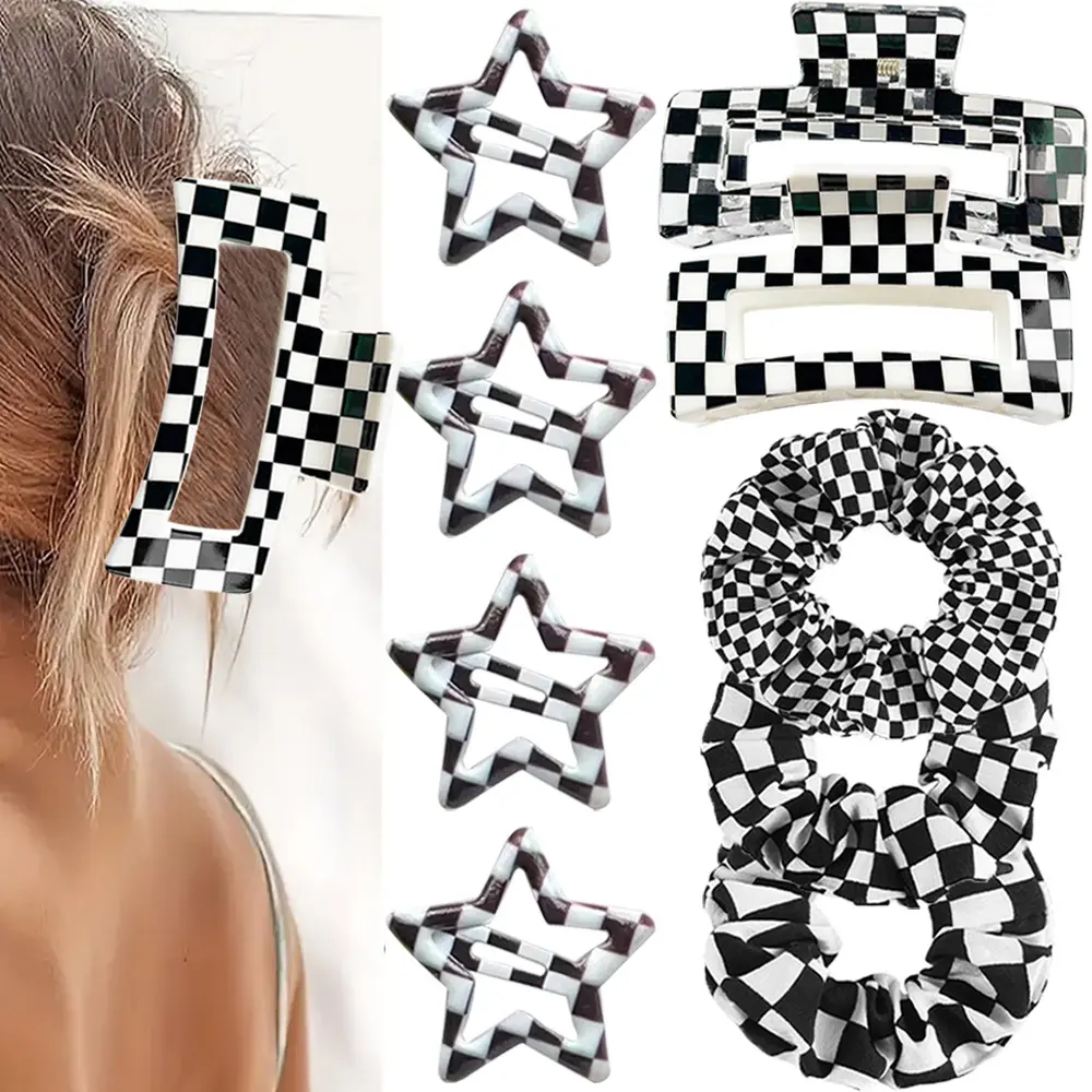 Black White Checkered Hair Accessory Set for Women, Rectangle Claw Clips Star Snap Barrettes & Scrunchies Kit, Minimalist Y2K Hair Pins for Messy Bun Daily Streetwear Hairstyle