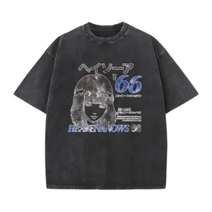 Vintage Washed Black Unisex T-Shirt – Retro Anime Girl & Japanese Text Graphic, Oversized Fit for Outdoor Streetwear & Gothic Aesthetic