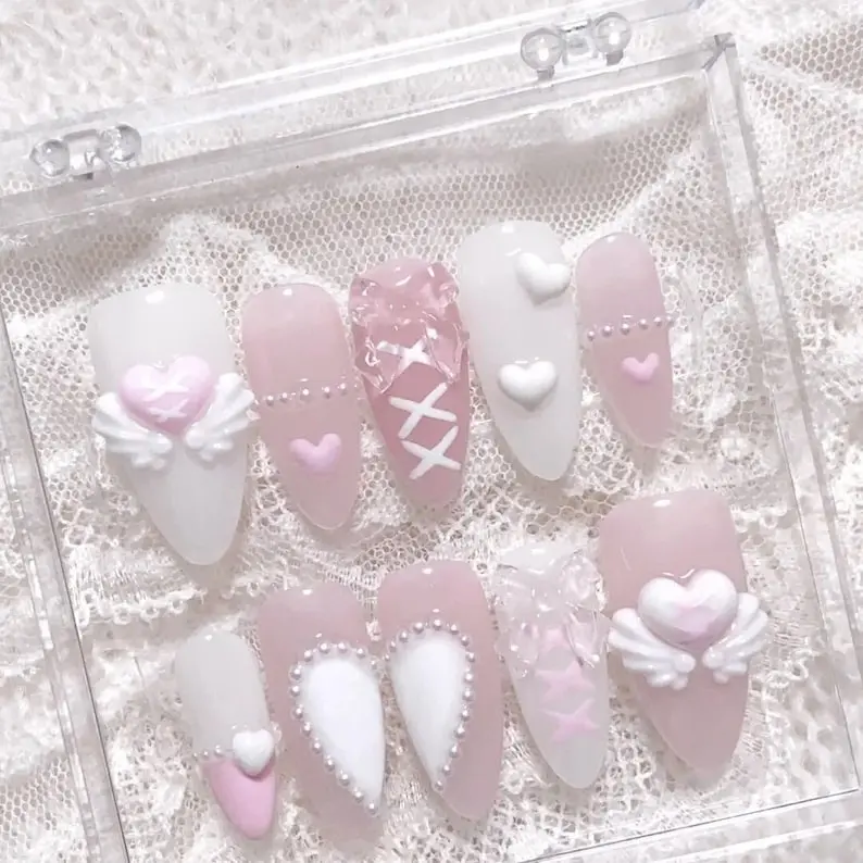 Soft Angel heart | Handmade press on nails free ship fast ship