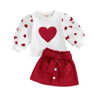 Valentines Skirt Set for Infant Toddler Girls Hearts Embroidery T Shirt Mesh Puff Long Sleeve Pullover Tops Elastic Waist Button Red Mini Skirt with Belt Heart Pockets