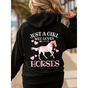 Women's Horse Lover Graphic Hoodie - Black Casual Long Sleeve Hooded with "Just A Who Loves Horses" Print & Colorful Horse Design, Machine Washable All-Season Top, Perfect Gift for Equestrian Enthusiasts Womenswear Sweatshirts Pullover Crewneck