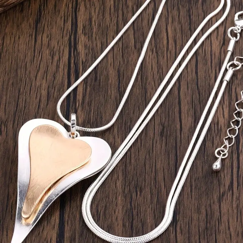 Vintage Zinc Alloy Two Layer Contrast Heart Pendant Necklace Luxury Autumn/Winter Decor Sweater Long Chain Heart Shaped Necklace Love Heart Necklace Decorative Necklace