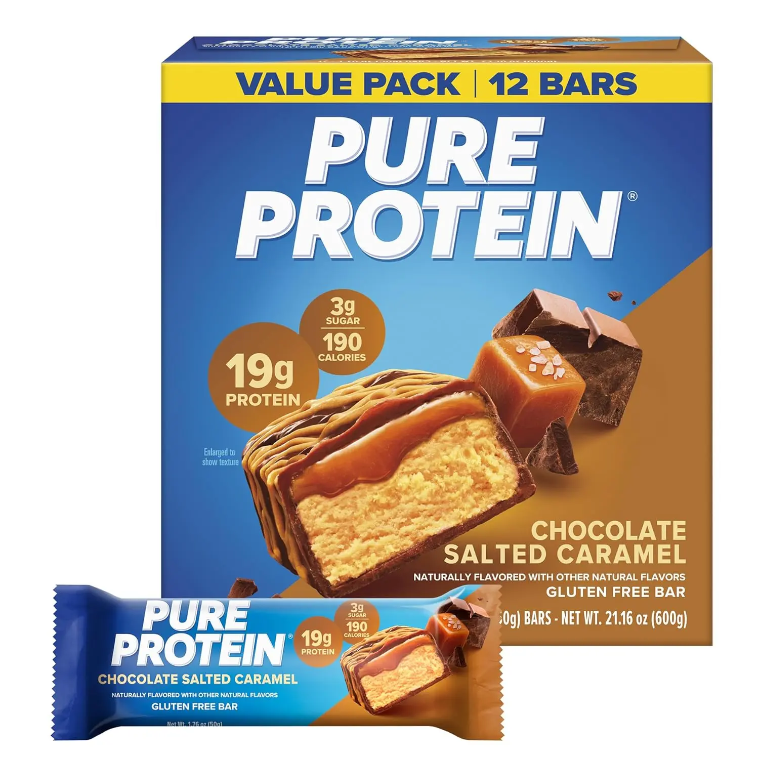 Pure Protein Chocolate Salted Caramel Nutrition Bars - 12 Count, 20g Protein, 3g Sugar, 190 Calories, Low Sugar*, Gluten Free Healthy Snack, Protein Snacks, High Protein Snack