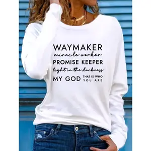 Women's Casual Round Neck Long Sleeve Graphic Tee - Smooth Fabric, Perfect Fit, Inspirational "Waymaker, Miracle Worker, Promise Keeper" Print, Letter Pattern for Spring & Autumn, Ideal Gift