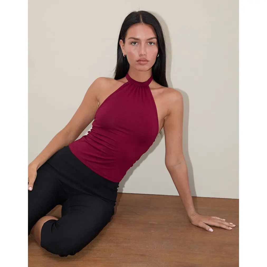 Raceline Halterneck Top in Rayon Jersey Burgundy