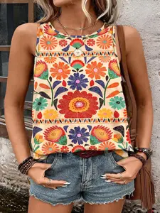 [Plus Size] Floral Print Embroidery Tank Top, Boho Bohemian Sleeveless Top for Summer, Women's Clothes for Daily Wear