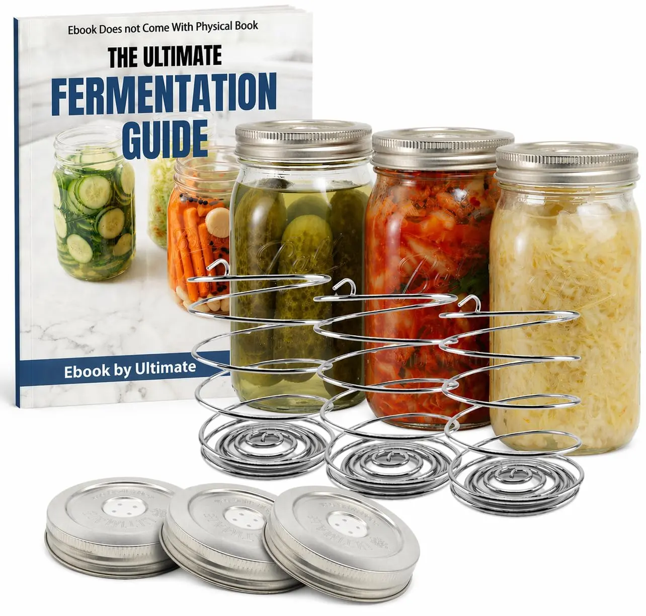 Ultimate Fermentation Kit to Make Probiotic Vegetables: Sauerkraut, Kimchi, Pickles w/ FREE Digital Guide, 3 Fermenting Springs & Venting Lids for Easy Pickling in Wide Mouth Mason Jars (Not Included)