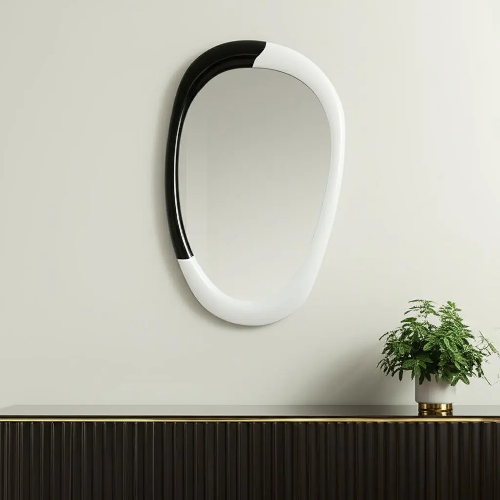 360 Stand 31 in. Modern Black & White Steel Frame Oval Geometric Glass Accent Mirror - Wall Mount Home Decor for Room, Flat, with Geometric Frame, Easy Installation, Decorative Wall-Mounted Mirrors, Office, Commercial