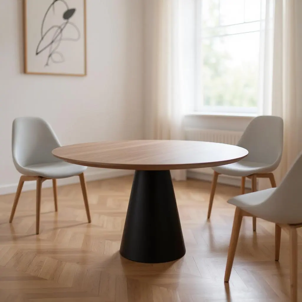 HomeRoots 555178 Dining Room Wooden Table - 30x48x48 in, Brown & Black Wood Top, Metal Pedestal Frame, Round Shape, for Contemporary Home Decor, Dining Room Table