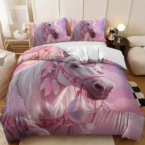 Bedding 3-piece set - 3PCS,Spring Happy Pink White Horse Cloud Design Down Comforter Set (1 comforter cover + 2 pillowcases, filling not included) soft and comfortable, suitable for family bedrooms, Decorative Bedding Set