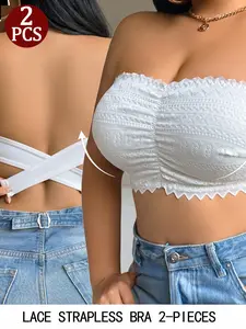 2PCS Plus Size Strapless Bra, Bohemian Style, Innovative Side Buckle Cross Back Design, Perfect for Work, Travel, Dates, Anniversaries