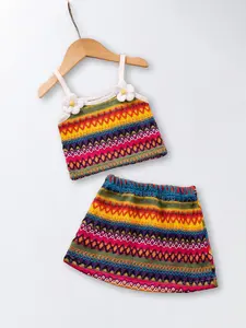 Girls' Summer Lightweight Casual Outfit Set, Floral Decorated Sleeveless Top, Fashion Short Skirt Two-Piece Set, Cute Geometric Pattern