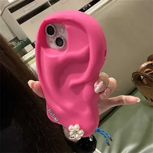 INS Cute Funny Ear Piercing Phone Case for iPhone 15 13 14 12 11 Pro Max - Soft Silicone Cover with Irregular Protection and Shockproof Features promax case Screen Protector Pink Protective Cellphone Casing Smartphone Rose Red