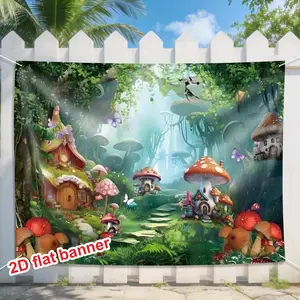 Enchanted Garden Birthday Backdrop Banner Party Decorations, Fantasy Fairy Forest Scene with Giant Mushroom House, Reusable Wall Decoration, Indoor Backdrops